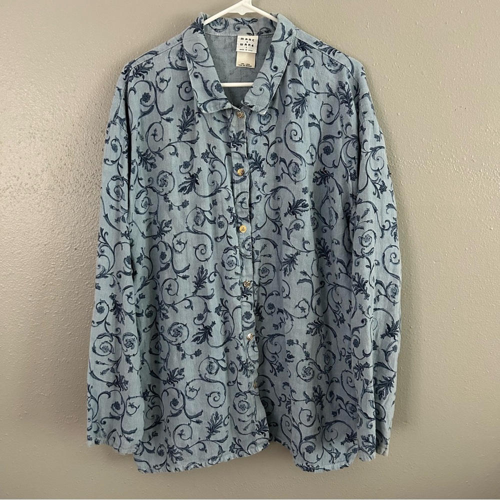 Vintage Marc Ware Blue Floral 100% Linen Button Front Oversized Shirt Size L Top